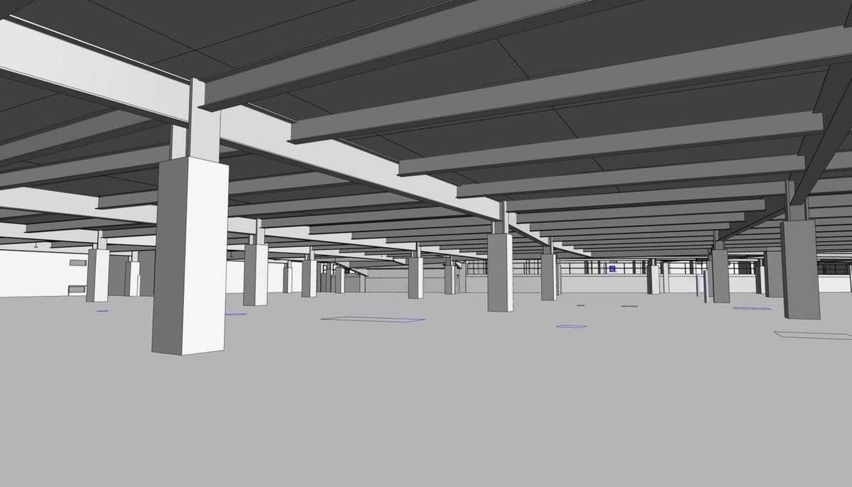 Revit model of the beam ceiling and columns inside the office building