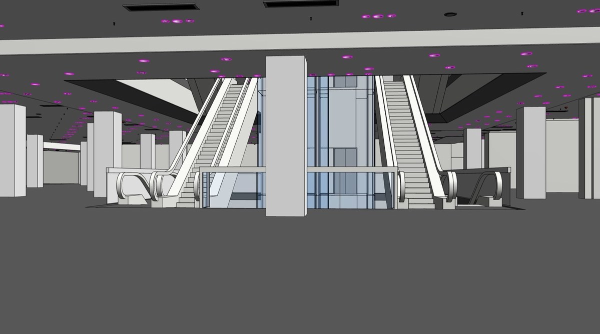 Revit model of the commercial building interior with escalators