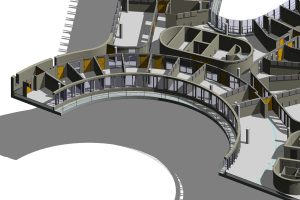 Revit model of the curved commercial building exterior corner with balustrades and glazing