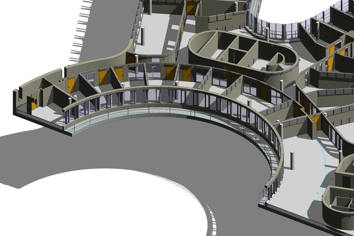 Revit model of the curved commercial building exterior corner with balustrades and glazing