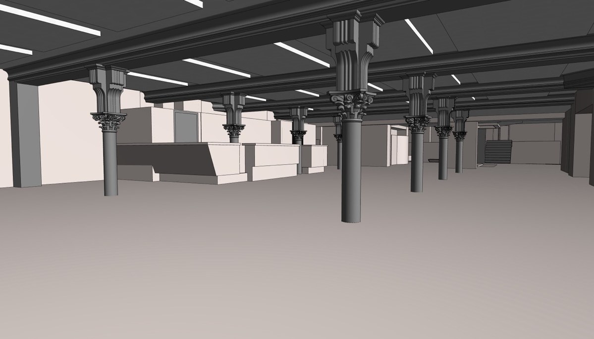 Revit model of the heritage hall with ornate columns and ceiling
