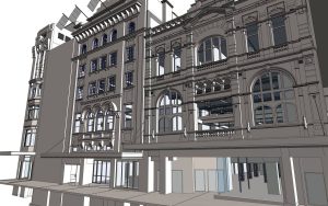 Revit model of the heritage office building facade with arched windows