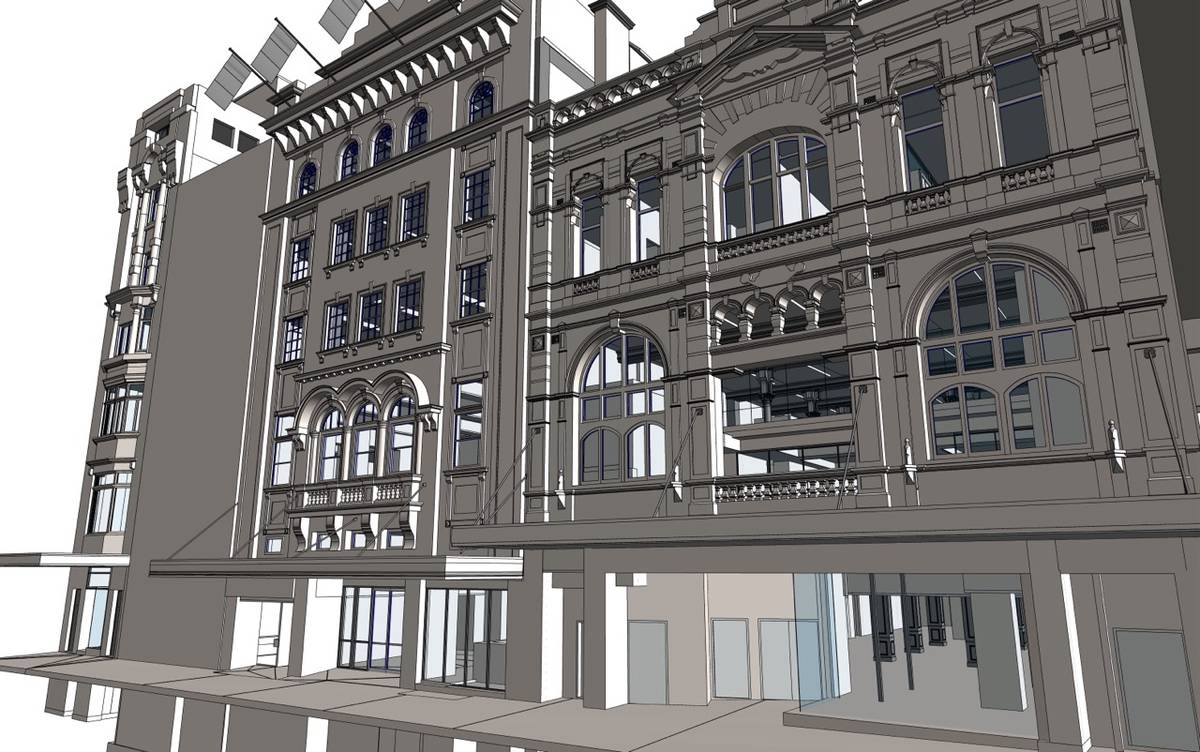 Revit model of the heritage office building facade with arched windows