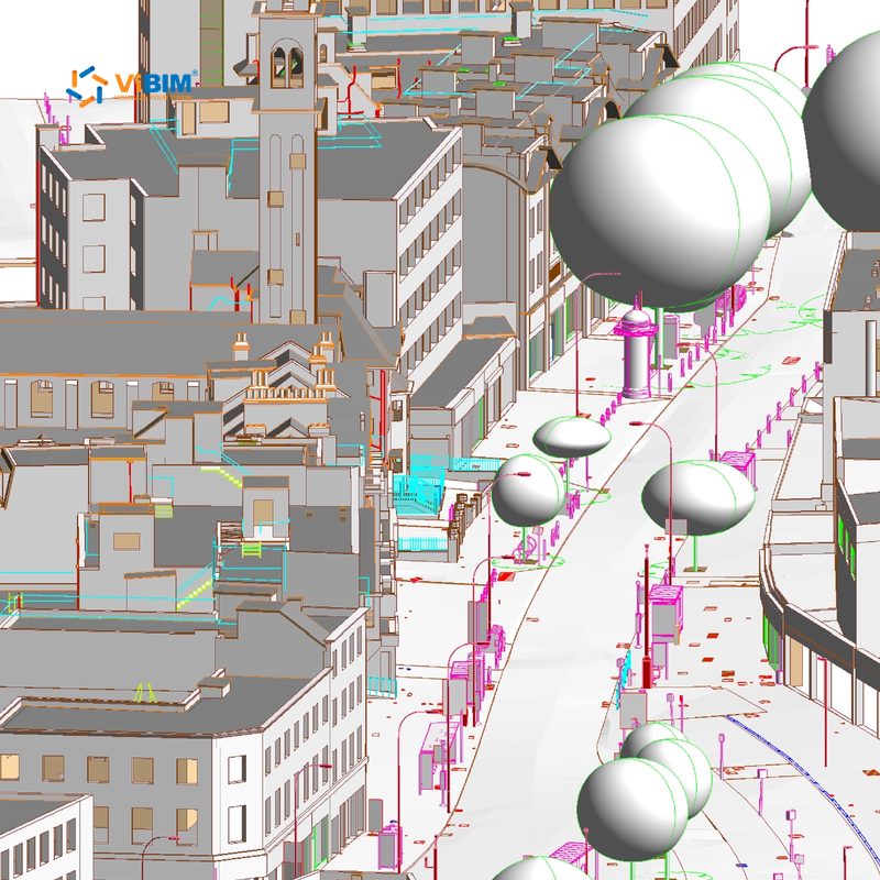 Point cloud and Revit model of a UK commercial complex streetscape