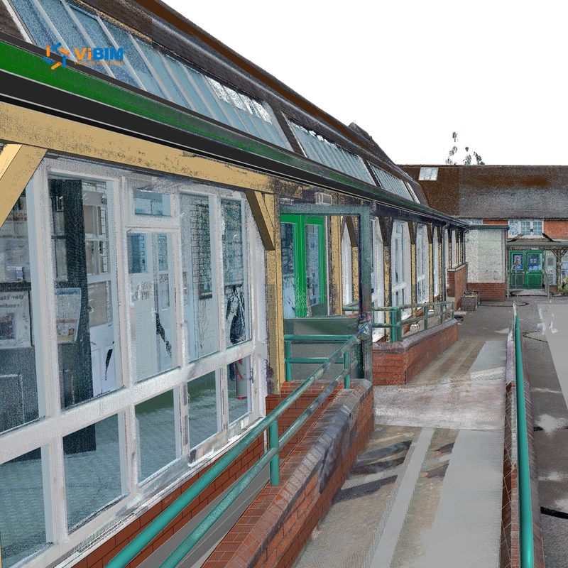 School corridor point cloud aligned with its as-built Revit model