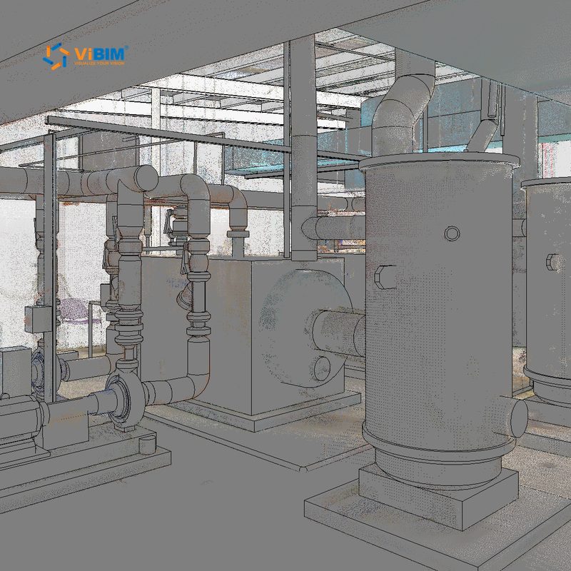 Hospital plant room point cloud overlaid with a Revit MEP model