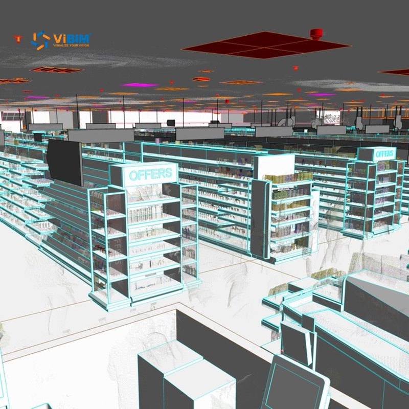 Supermarket interior point cloud with Revit shelving modeled over it