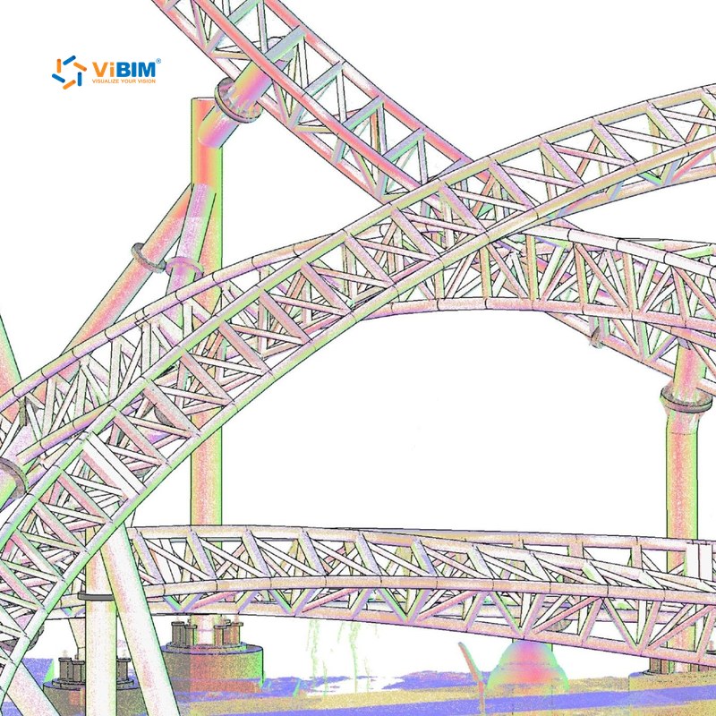 Revit structural model of a Canadian roller coaster over its point cloud scan