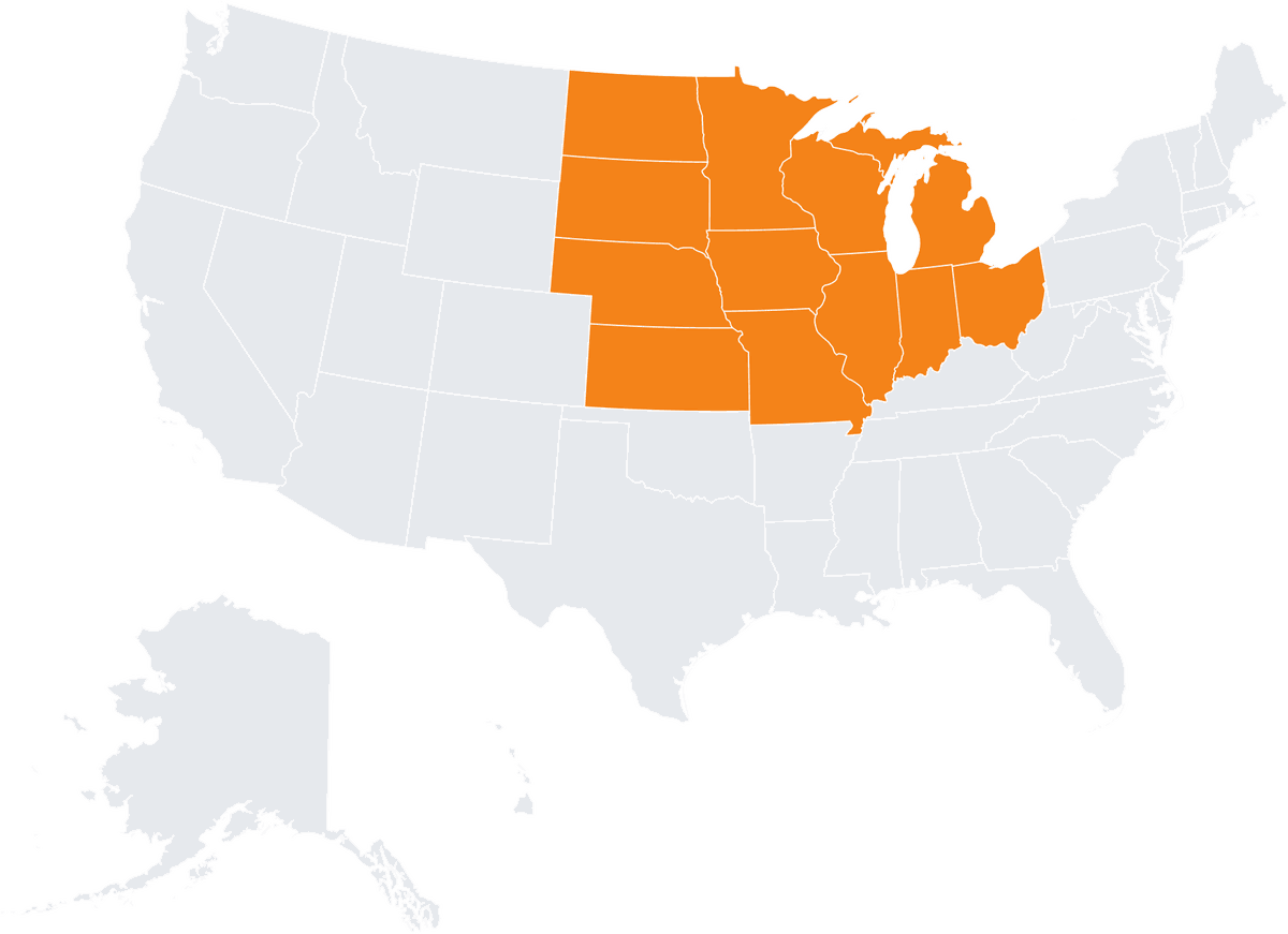 US map highlighting the Midwestern states ViBIM serves with scan to BIM services