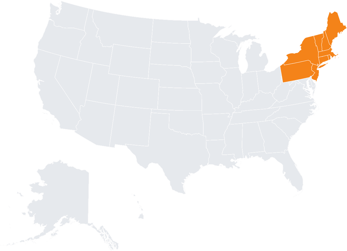 US map highlighting the Northeastern states ViBIM serves with scan to BIM services, from Pennsylvania to Maine