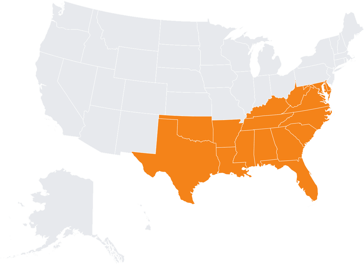US map highlighting the Southern states ViBIM serves with scan to BIM services, from Texas to Delaware
