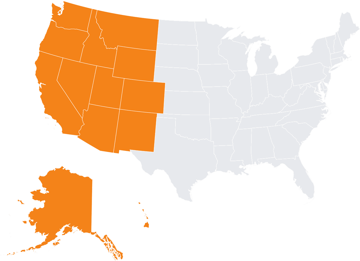 US map highlighting the Western states ViBIM serves with scan to BIM services, including Alaska and Hawaii