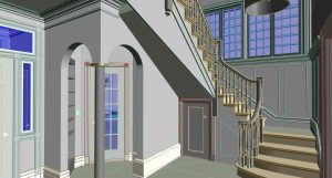 LOD 400 Revit model of the stair hall with curved staircase, arched doorways, and wall paneling