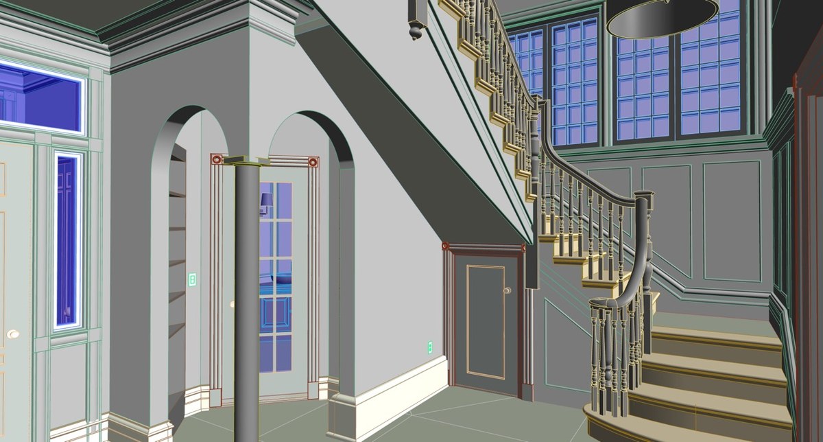 LOD 400 Revit model of the stair hall with curved staircase, arched doorways, and wall paneling
