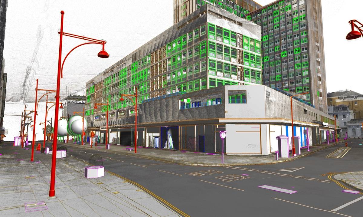 Street-level point cloud of the office tower with modeled context