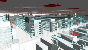 Supermarket sales floor point cloud overlaid with the Revit model