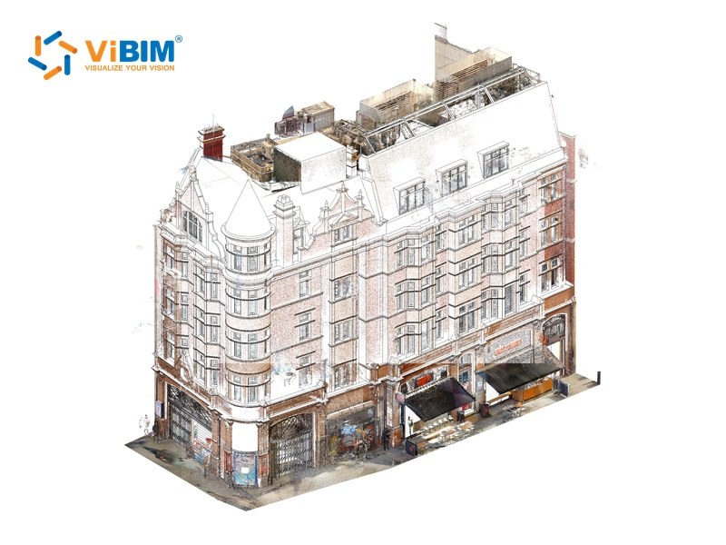 3D point cloud model of a corner building with brick facades and shopfronts
