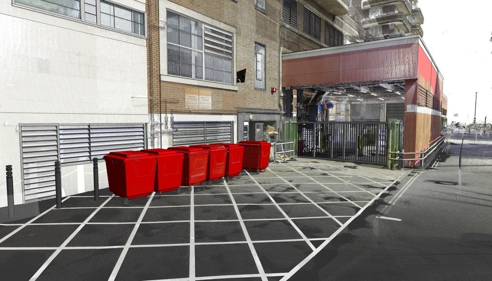 Point cloud of a building entrance with louvered walls and canopy