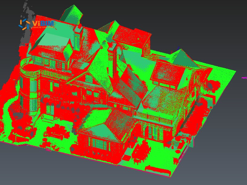 As-built BIM deviation map in red and green comparing the scan with a house model