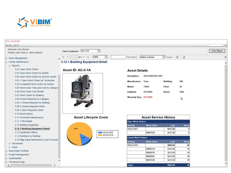 Facility management software screen with equipment details, lifecycle costs, and service history for one as-built BIM asset