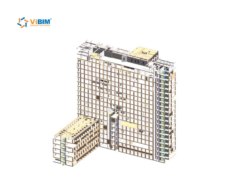 As-built BIM 3D view of a high-rise building model with its structural frame exposed on one side
