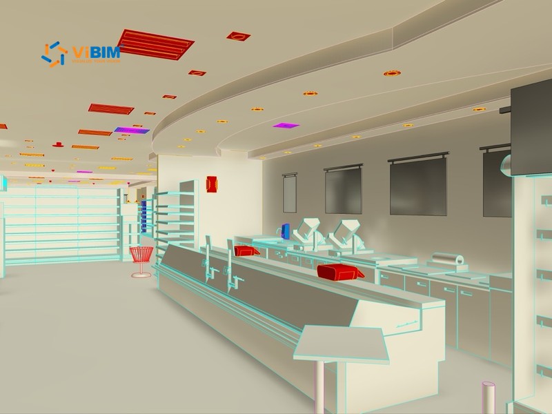 Native as-built Revit model of a retail interior with counters, ceiling fixtures, and glazing
