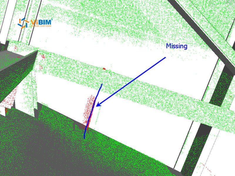 As-built BIM point cloud and model overlay with an arrow marking a wall element missing from the model
