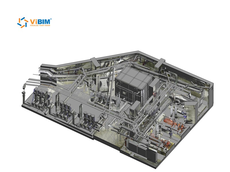 As-built BIM Revit model of a mechanical room with ductwork, piping, and equipment inside the building shell