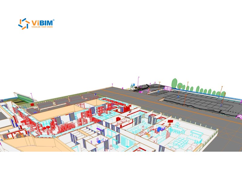 As-built BIM 3D Revit view of a floor with rooms and zones color-coded by use