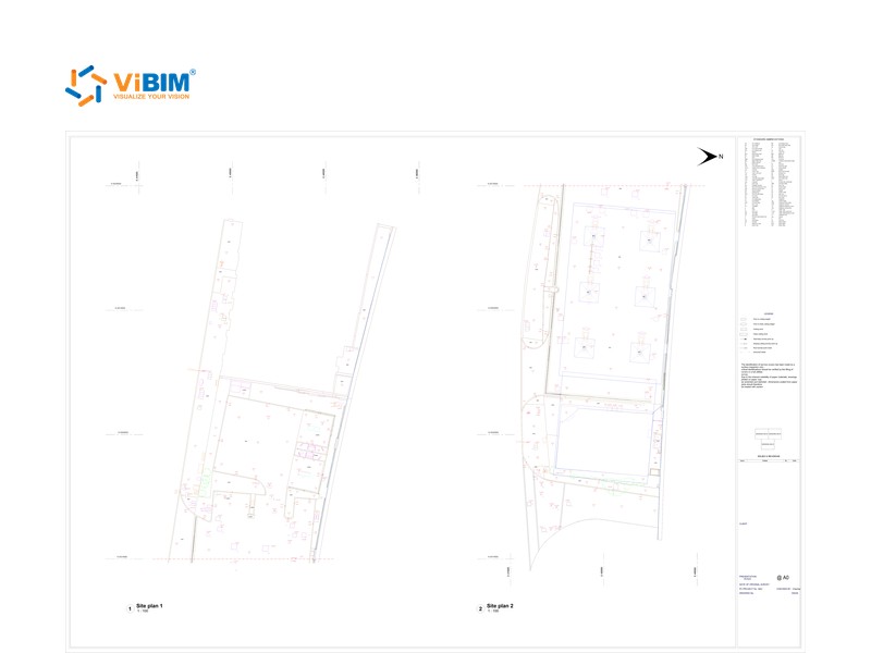 DWG as-built drawing of building outlines and site boundaries with a title block