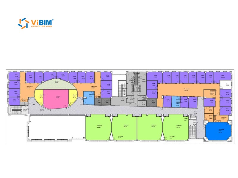 As-built drawing floor plan with rooms colored by use for facility and maintenance planning