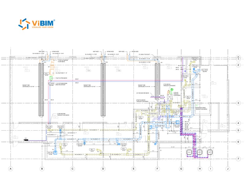 MEP as-built drawing of a ground floor mechanical plan with ductwork, piping, and equipment tags