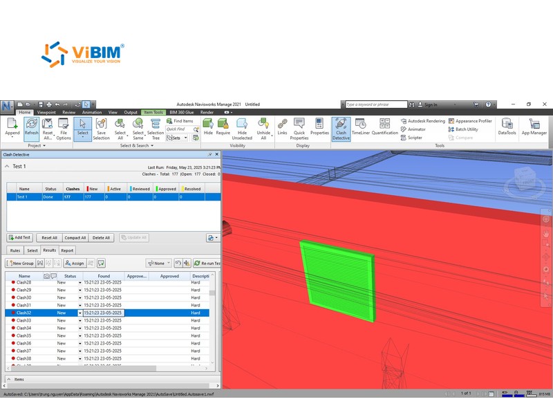 Navisworks clash report beside a wall with an opening flagged in green, from the as-built drawing model