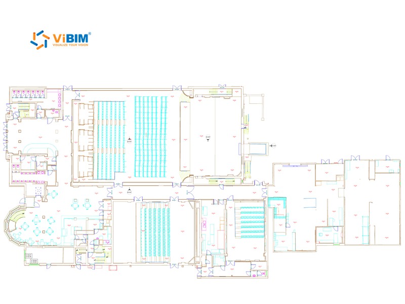 As-built drawing floor plan of a multi-hall public building with doors, stairs, and room layout
