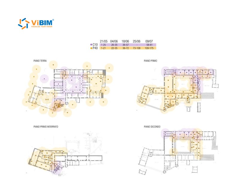 As-built drawing floor plans marked with phased work zones and a dated renovation schedule