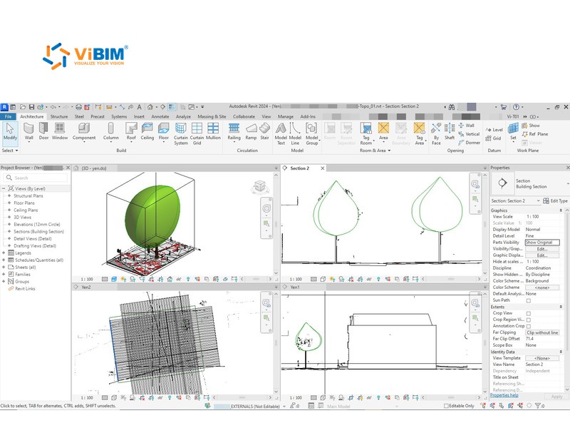 Revit sheet set for as-built drawings with 3D and section views of site trees and a building