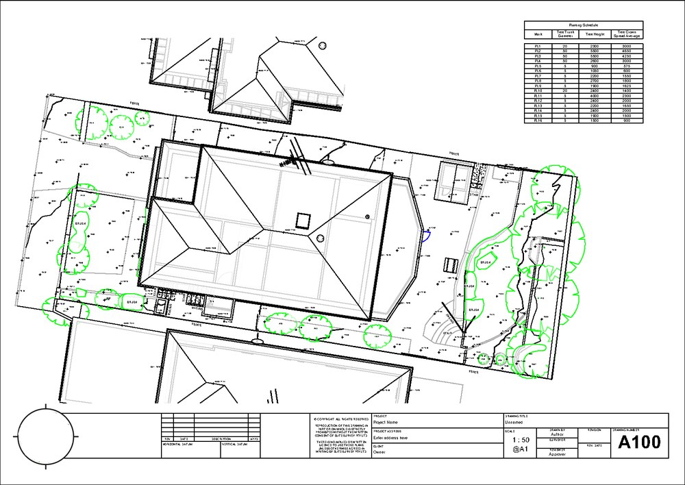 As-built drawing site plan sheet with the building outline, trees, a level table, and title block A100