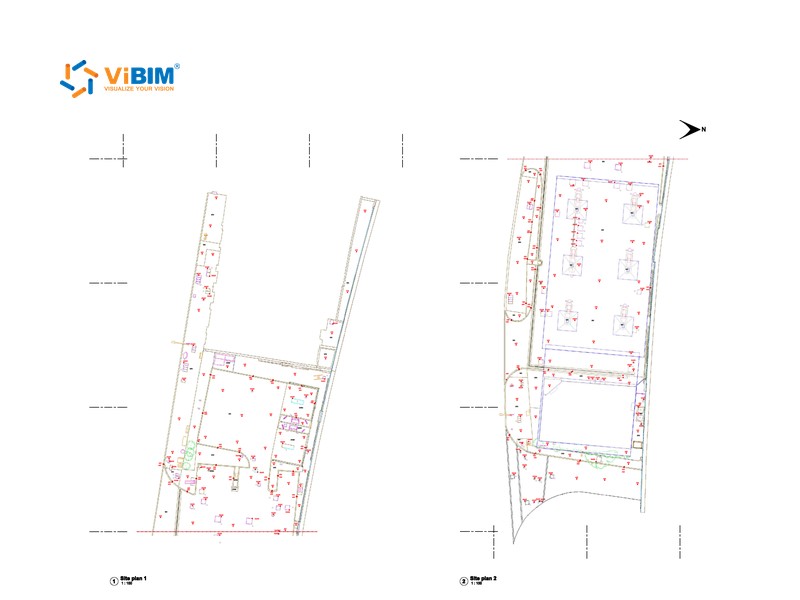 Two as-built drawing site plans with spot levels, building outlines, and a north arrow