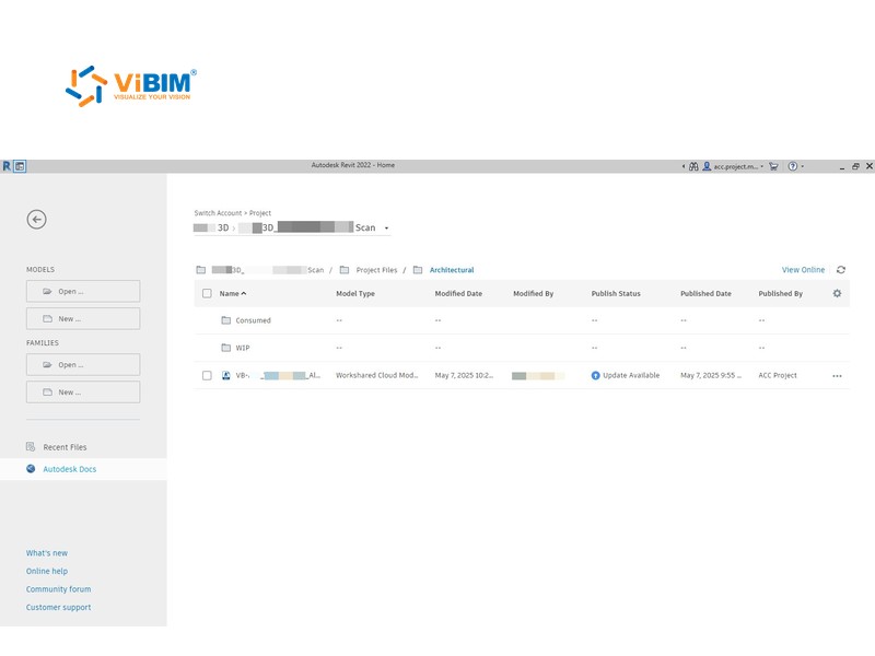 ACC model list showing a workshared cloud model with an update available