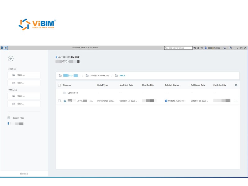 BIM 360 folder with a workshared model and its published date