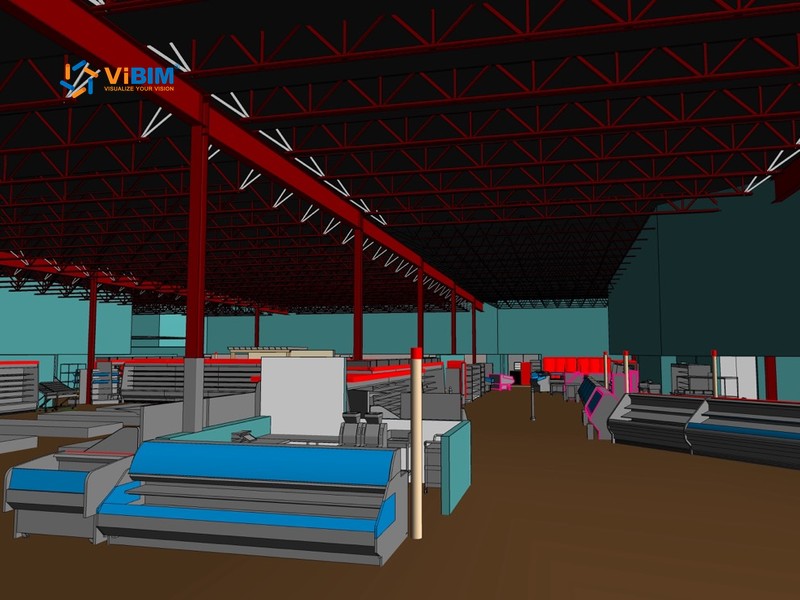 Revit model of a US supermarket sales floor with steel roof trusses and display counters