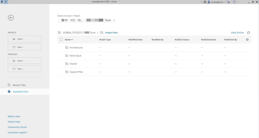 Autodesk project home in Revit listing the Architectural, Point Cloud, Shared, and Support Files folders