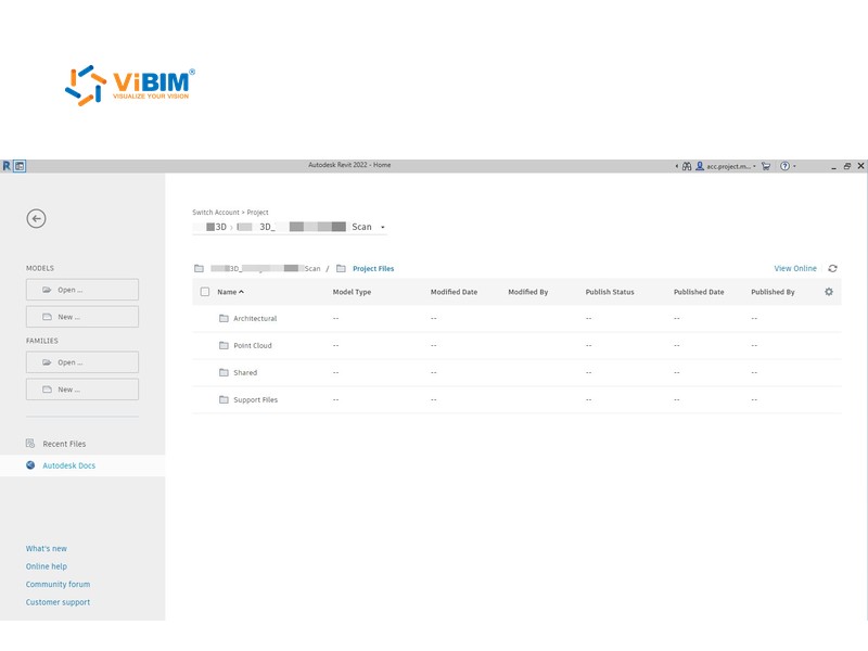 ACC project home in Revit listing the project's top-level folders