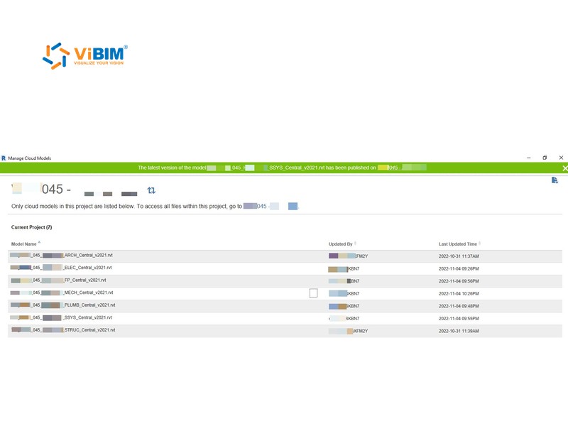 Revit Manage Cloud Models dialog listing seven discipline cloud models, each with who updated it and when