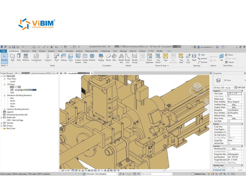Revit cloud model of an industrial plant open in Revit with the project browser