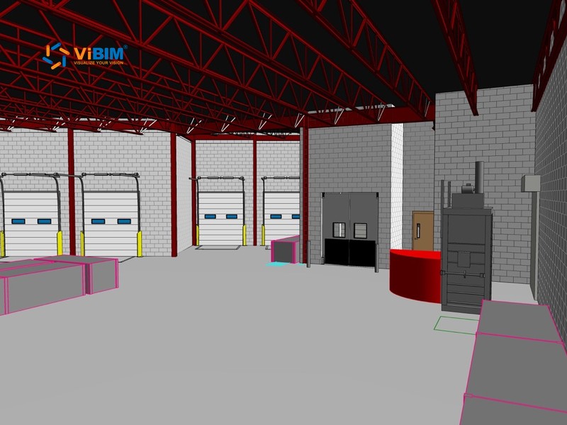 Revit model of a US supermarket loading area with roller doors, steel roof trusses, and ductwork