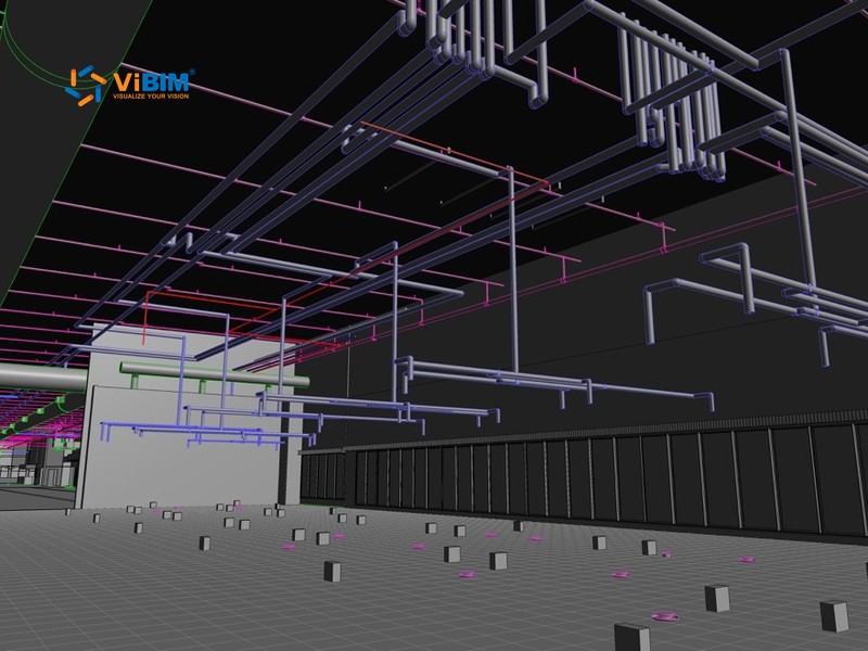 Revit model of ductwork, piping, and conduit runs below a supermarket roof