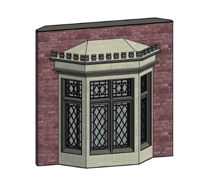 BIM LOD 500 as-built bay window verified against the real brick facade