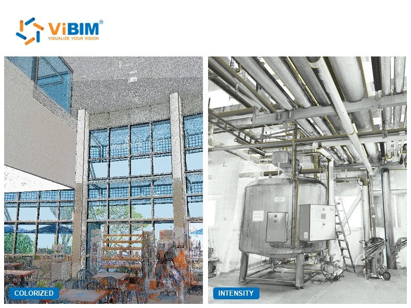 Colorized point cloud of a dining hall beside a greyscale intensity scan of a plant room