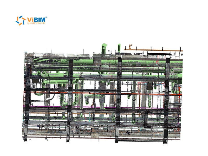 Connected MEP pipe network modeled in Revit over the point cloud